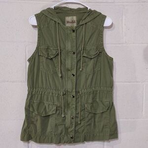 Mudd Olive Green Hooded Cotton Utility Vest‎ with Cinch Tie Waist Juniors Sz L